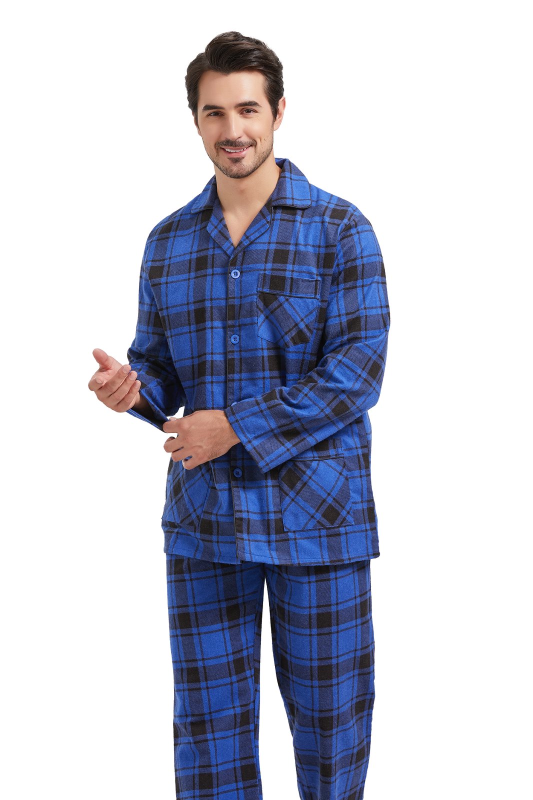 Amaxer Mens Cotton Flannel Pajama Set, Long Sleeve Button‑Down Top & Elastic Waist Long Pants, Breathable Sleep Loungewear, Size XXL