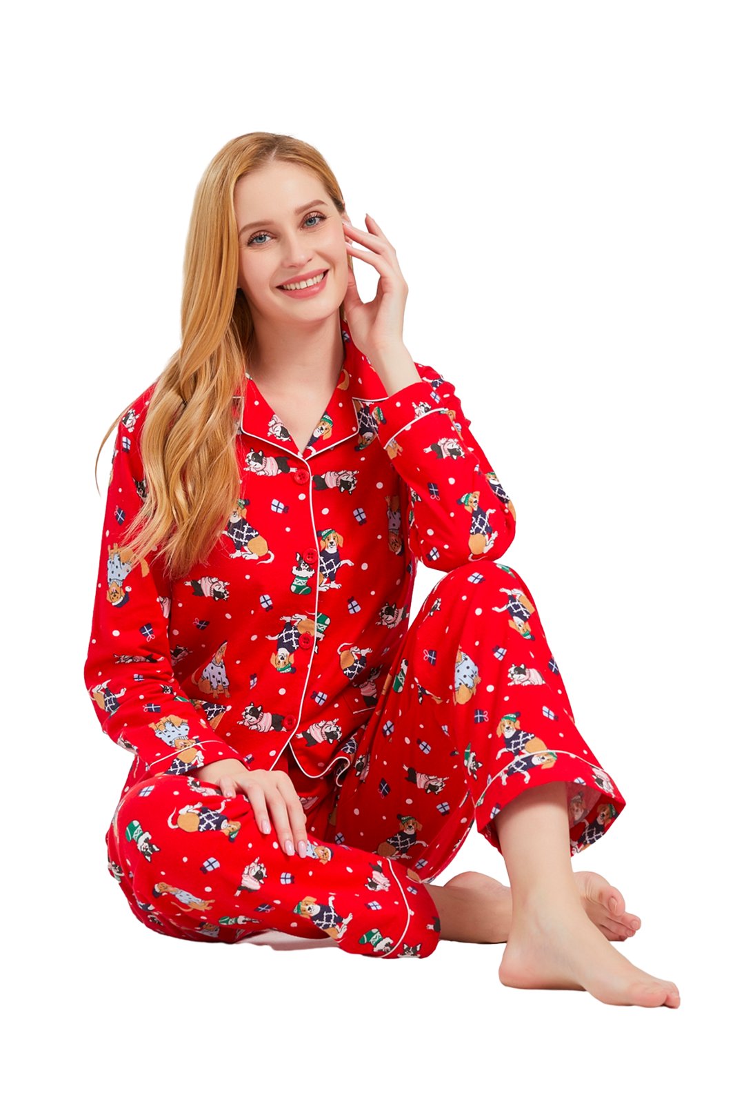 GLOBAL Womens Flannel Cotton Pajama Set Long PJs Cozy Winter Flannel Loungewear Sleepwear,Size S-3XL