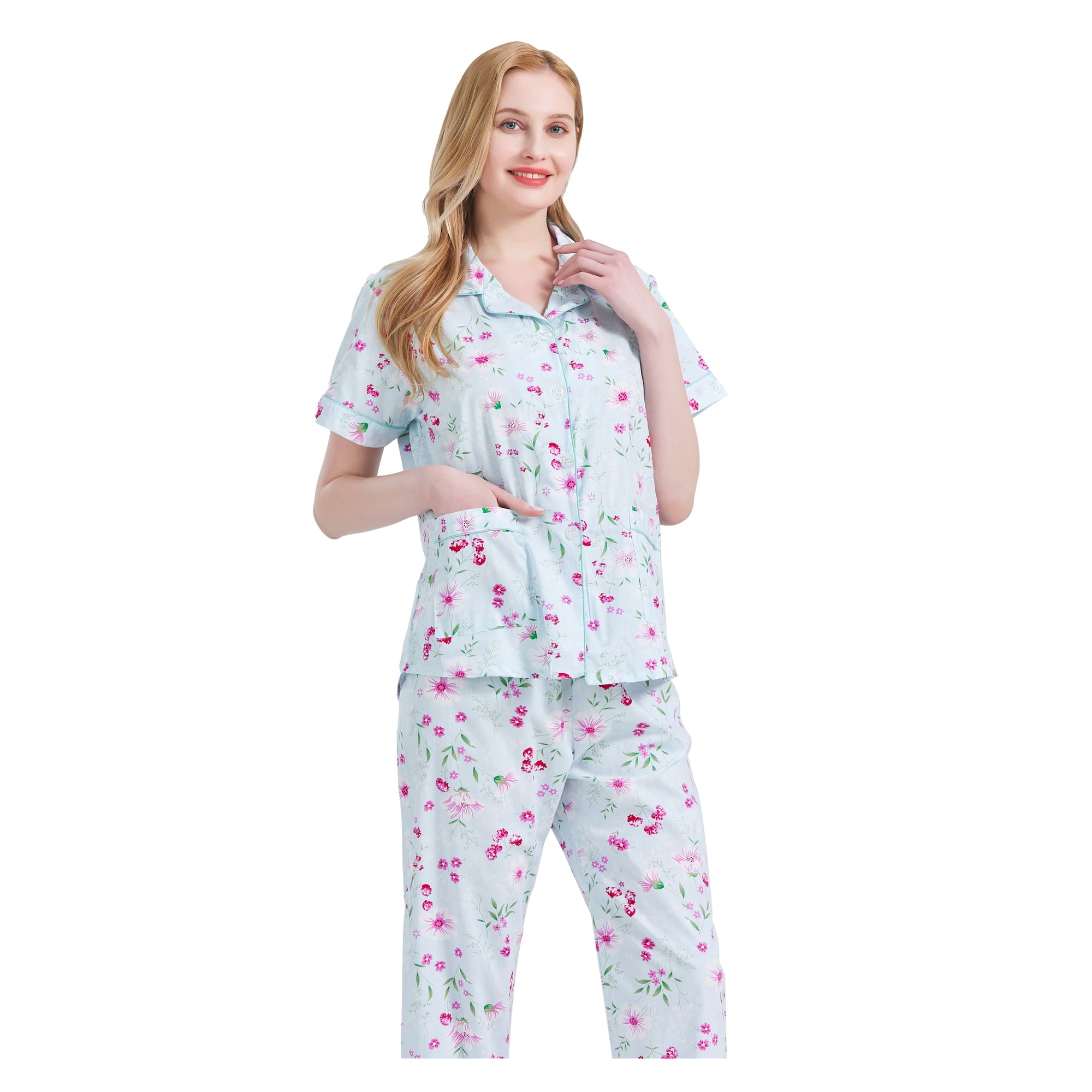 GLOBAL Women 100% Cotton Button Down Short Sleeve Top & Long Pants Summer Pajama Set with Pockets, 2-Piece, Sizes S to 3XL