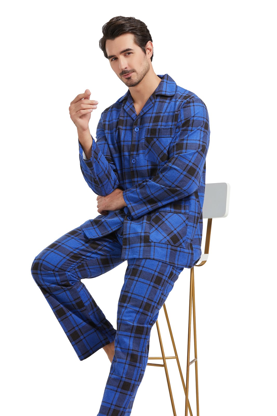 Amaxer Mens Cotton Flannel Pajama Set, Long Sleeve Button‑Down Top & Elastic Waist Long Pants, Breathable Sleep Loungewear, Size XXL