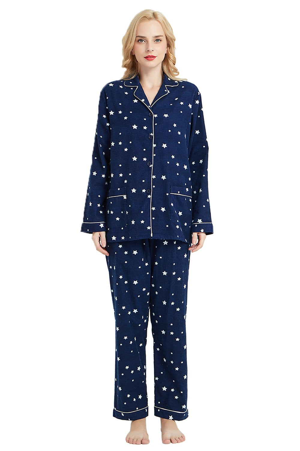 GLOBAL Womens Flannel Cotton Pajama Set Long PJs Flannel Loungewear Sleepwear