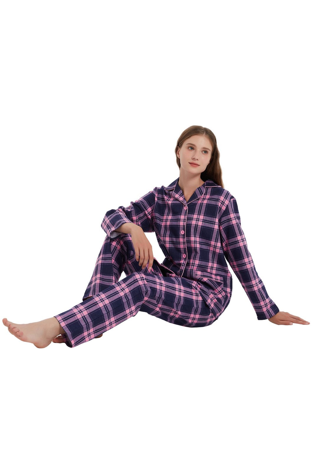 Amaxer Womens 100% Cotton Cozy Flannel Pajama Set - Long Sleeve Button-Up Top with Elastic Waist Pants, Warm & Soft Sleepwear