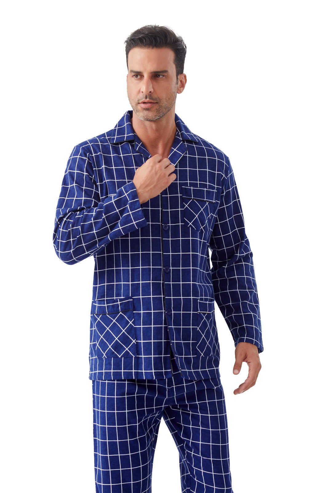 GLOBAL Men's Cotton Flannel Pajama Set, Long Sleeve Button‑Down Top & Long Pants Sleepwear, Soft Warm Loungewear, S-3XL
