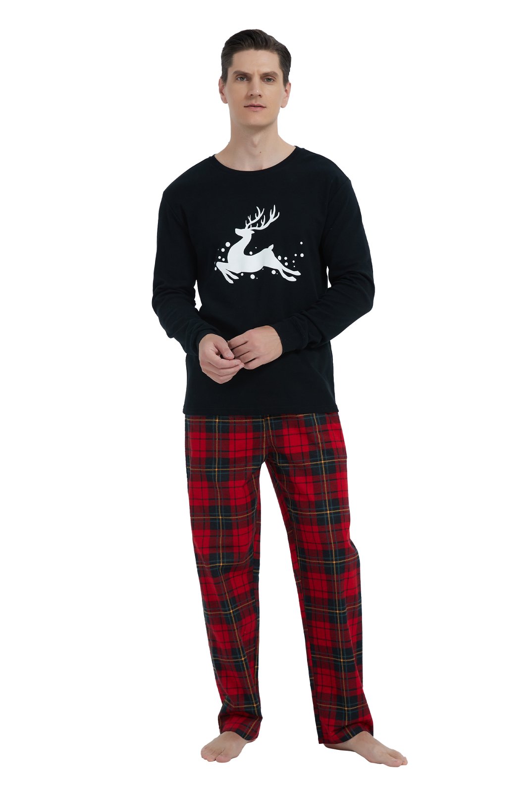 GLOBAL Men's Cotton Knit Top Flannel Pants Sleepwear Matching Pajamas for Couple Pjs for Family, Size S-3XL