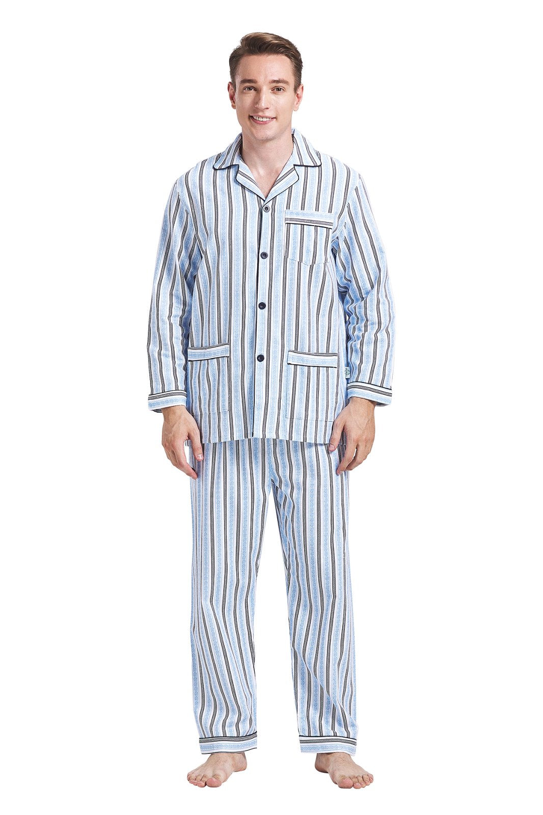 GLOBAL Men's Pajamas Sets 100% Cotton Flannel Sleepwear Long-Sleeve Top & Bottom