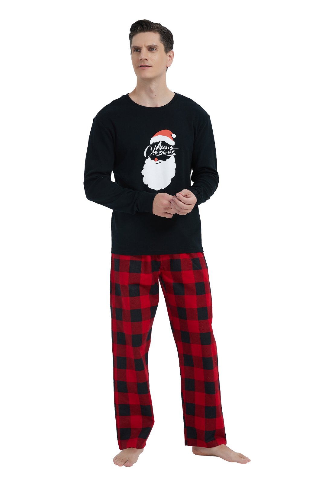 GLOBAL Men's Cotton Knit Top Flannel Pants Sleepwear Matching Pajamas for Couple Pjs for Family, Size S-3XL