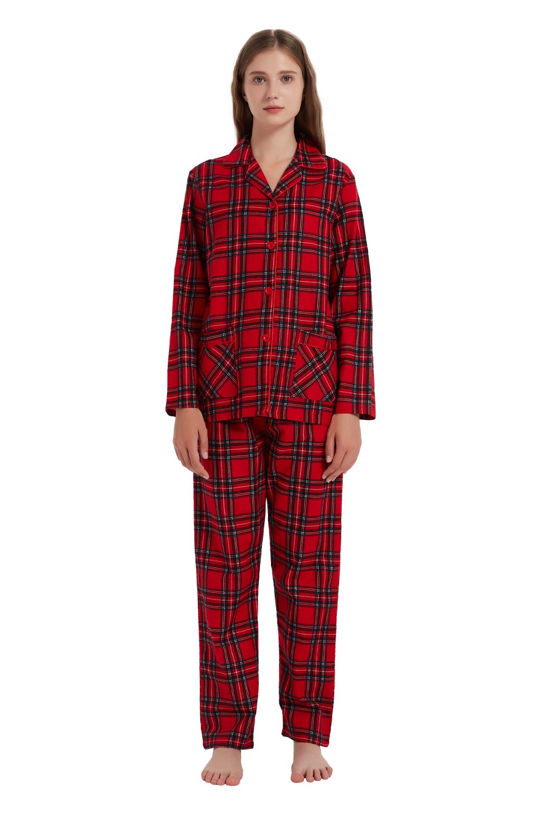 Amaxer Womens 100% Cotton Cozy Flannel Pajama Set - Long Sleeve Button-Up Top with Elastic Waist Pants, Warm & Soft Sleepwear