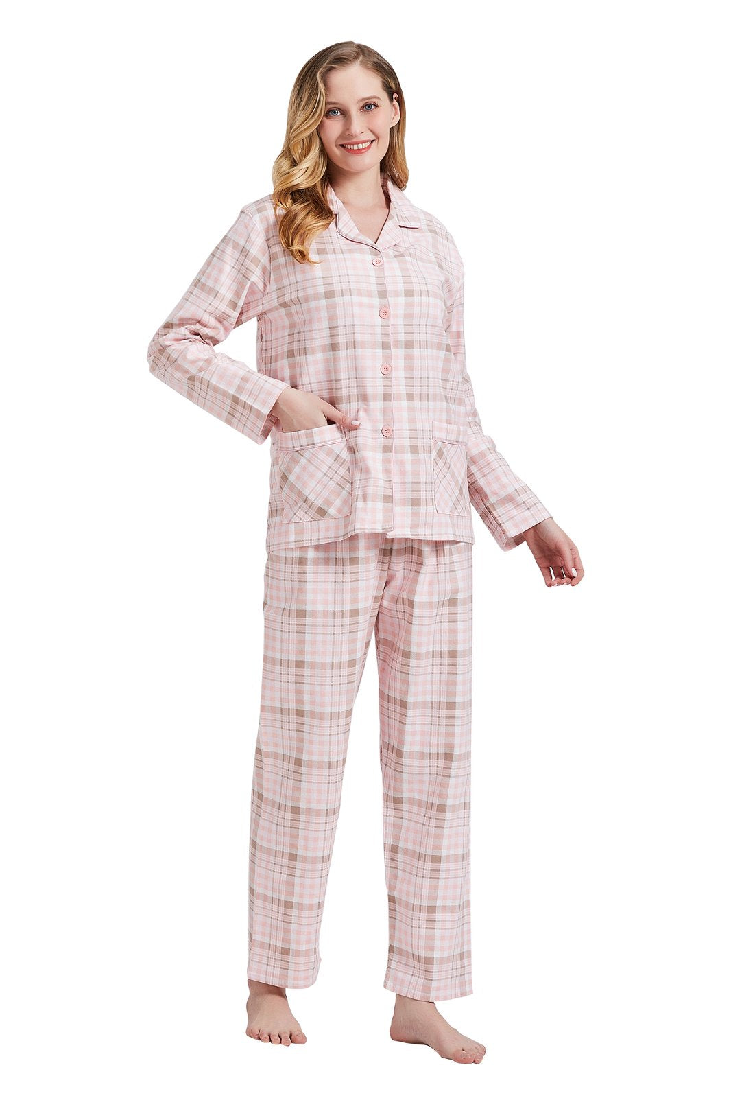 Amaxer Womens 100% Cotton Cozy Flannel Pajama Set - Long Sleeve Button-Up Top with Elastic Waist Pants, Warm & Soft Sleepwear