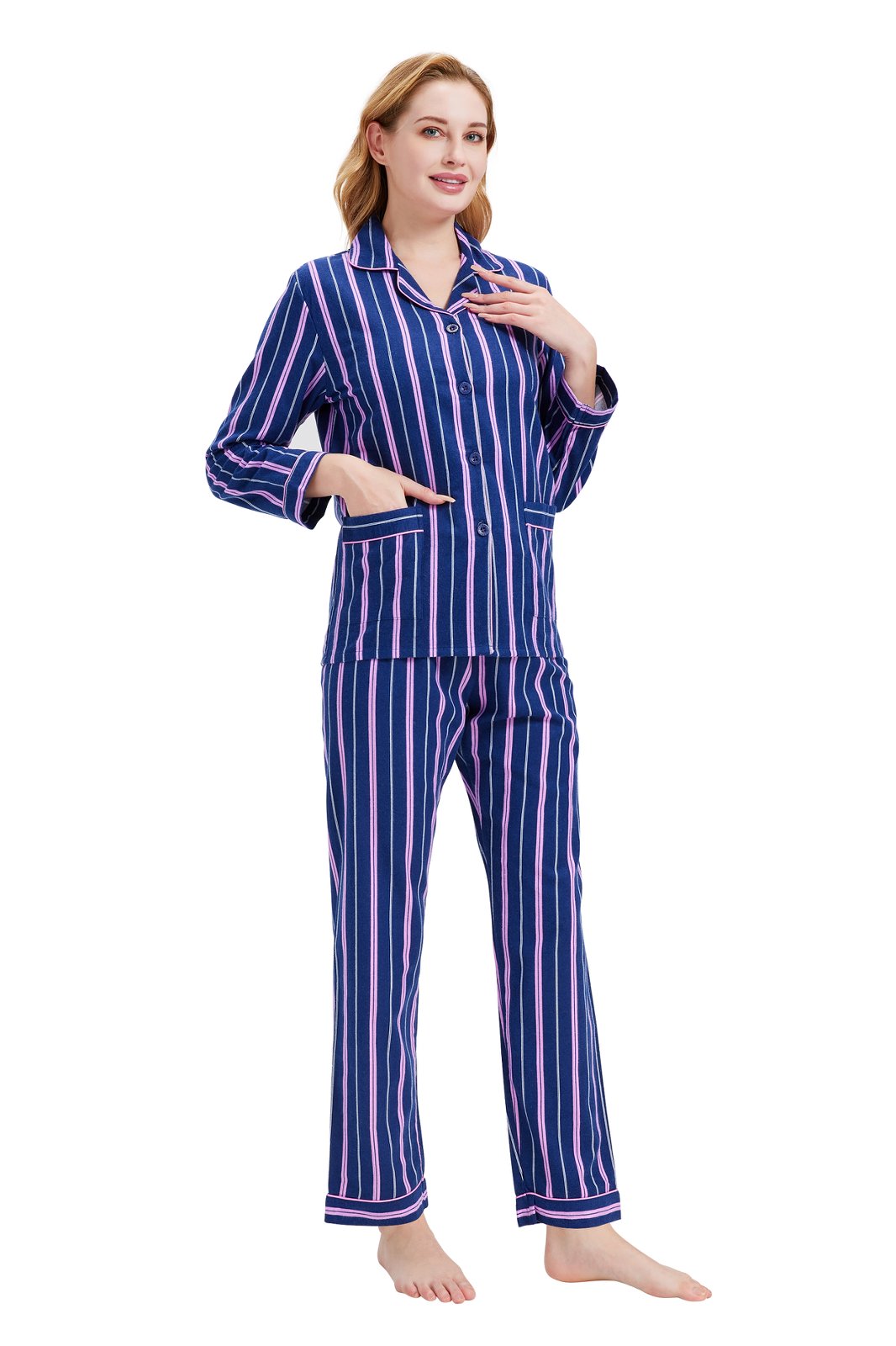 GLOBAL Womens Flannel Cotton Pajama Set Long PJs Flannel Loungewear Sleepwear,Size S-3XL