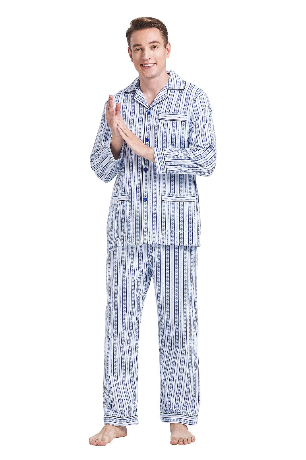 GLOBAL Men's Cotton Flannel Pajama Set, Long Sleeve Button‑Down Top & Long Pants Sleepwear, Soft Warm Loungewear, S-3XL