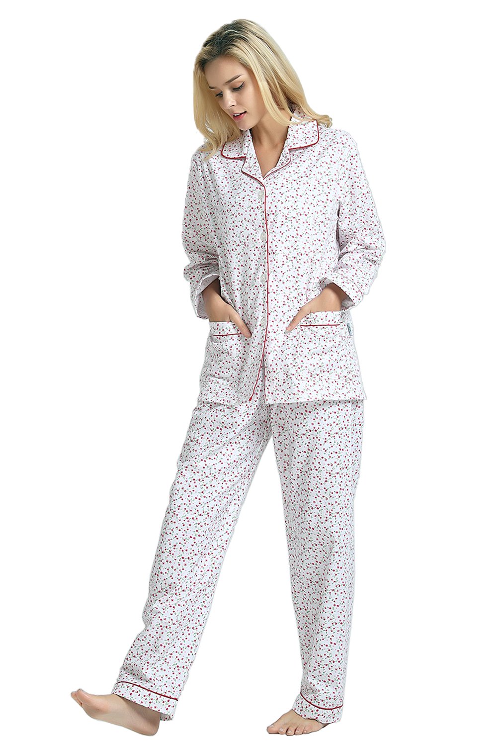GLOBAL Womens Flannel Cotton Pajama Set Long PJs Cozy Winter Flannel Loungewear Sleepwear