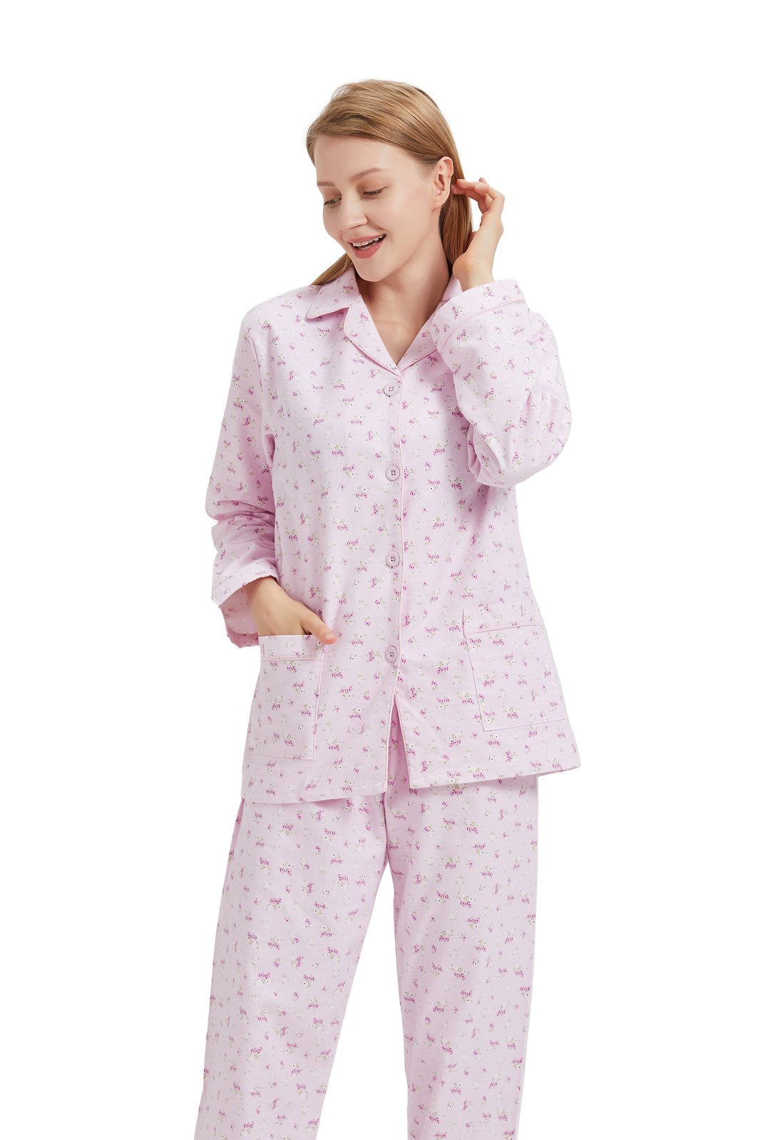 GLOBAL Womens Cotton Flannel Pajama Set - Cozy Winter 2-Piece Loungewear with Button-Down Top & Pants