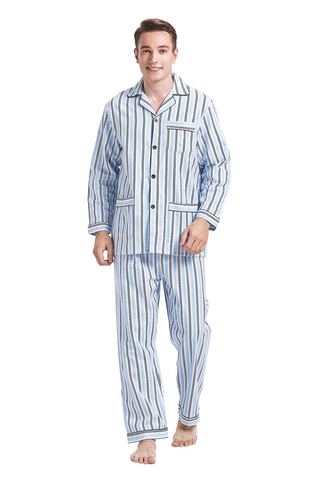 GLOBAL Men's Pajamas Sets 100% Cotton Flannel Sleepwear Long-Sleeve Top & Bottom
