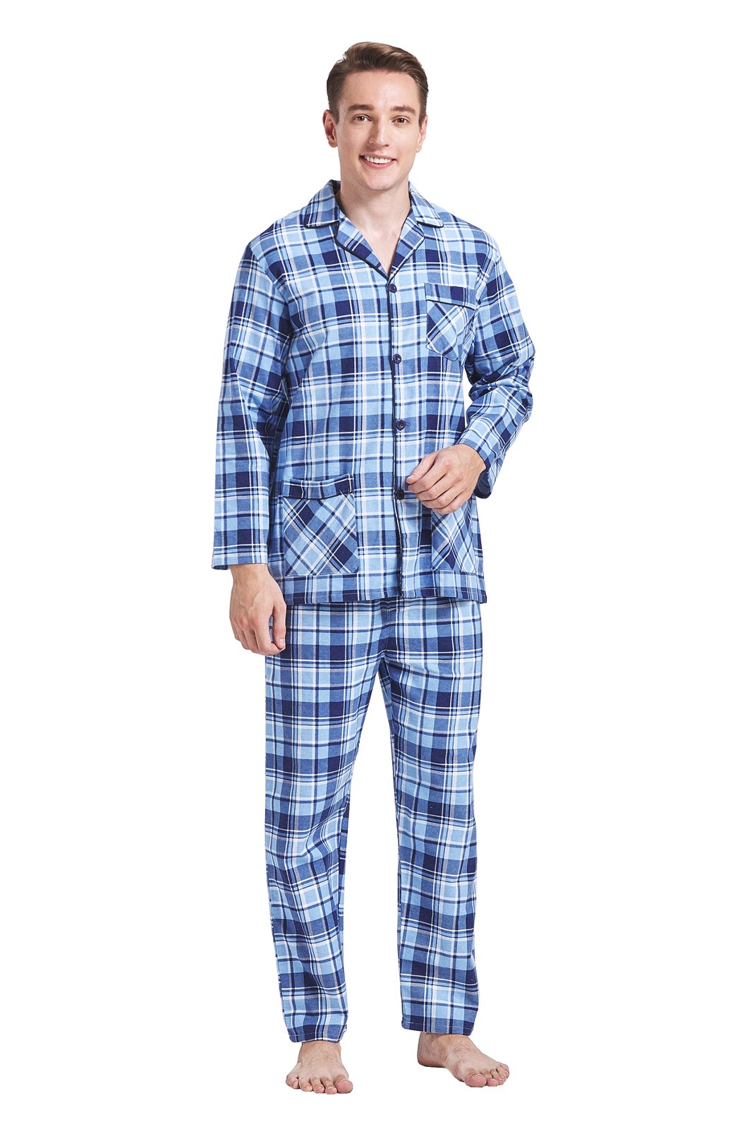 Amaxer Mens Cotton Flannel Pajama Set, Long Sleeve Button‑Down Top & Elastic Waist Long Pants, Breathable Sleep Loungewear, Size L