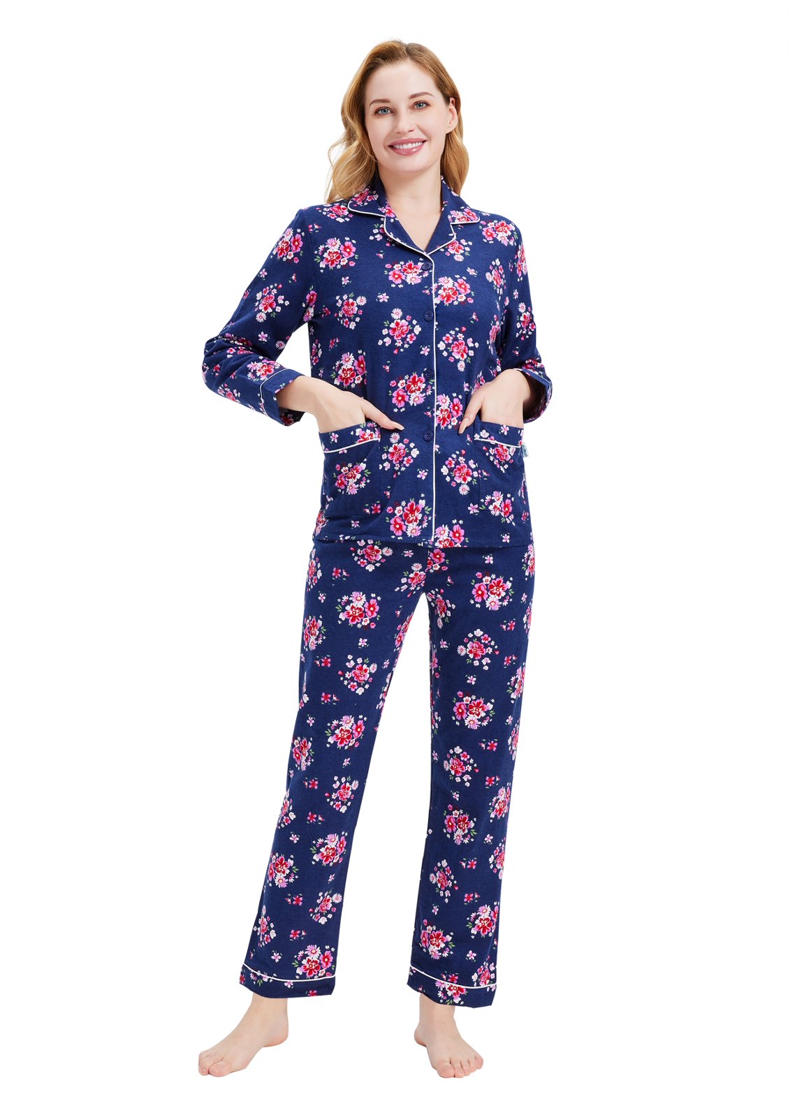 GLOBAL Women’s Flannel Pajama Set 100% Cotton Comfy PJs for Women Long Sleeve Button Front 2-Piece Warm and Cozy Sleepwear,Size S-3XL