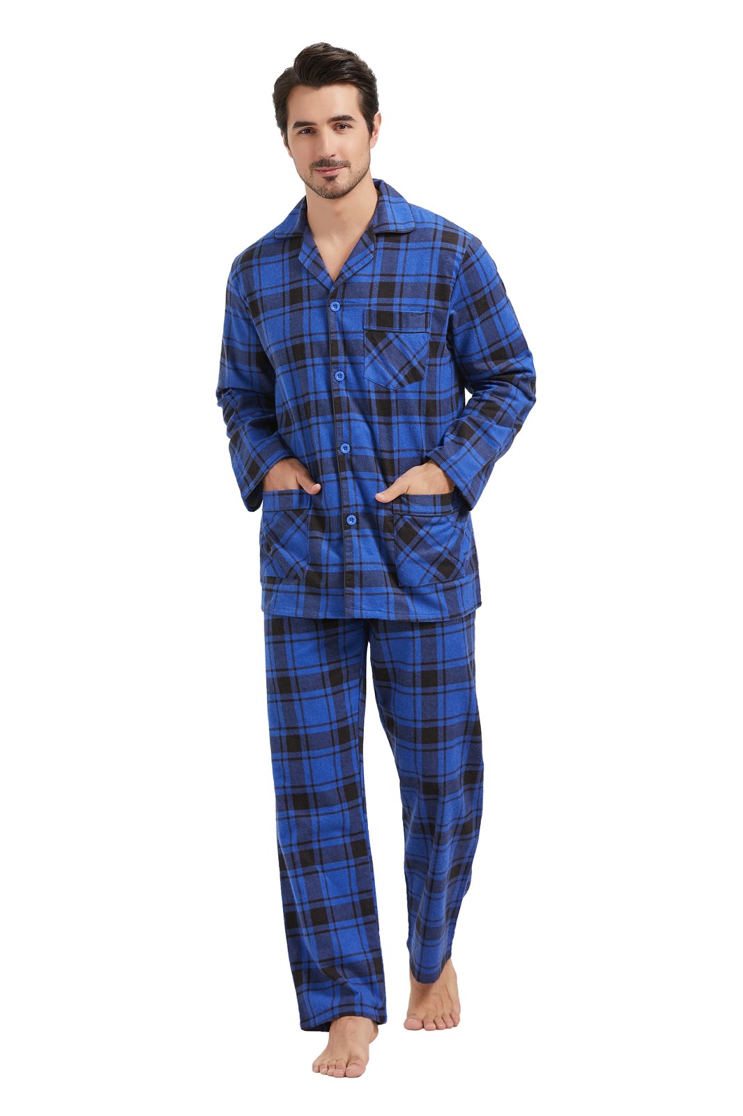 Amaxer Mens Cotton Flannel Pajama Set, Long Sleeve Button‑Down Top & Elastic Waist Long Pants, Breathable Sleep Loungewear, Size XXL