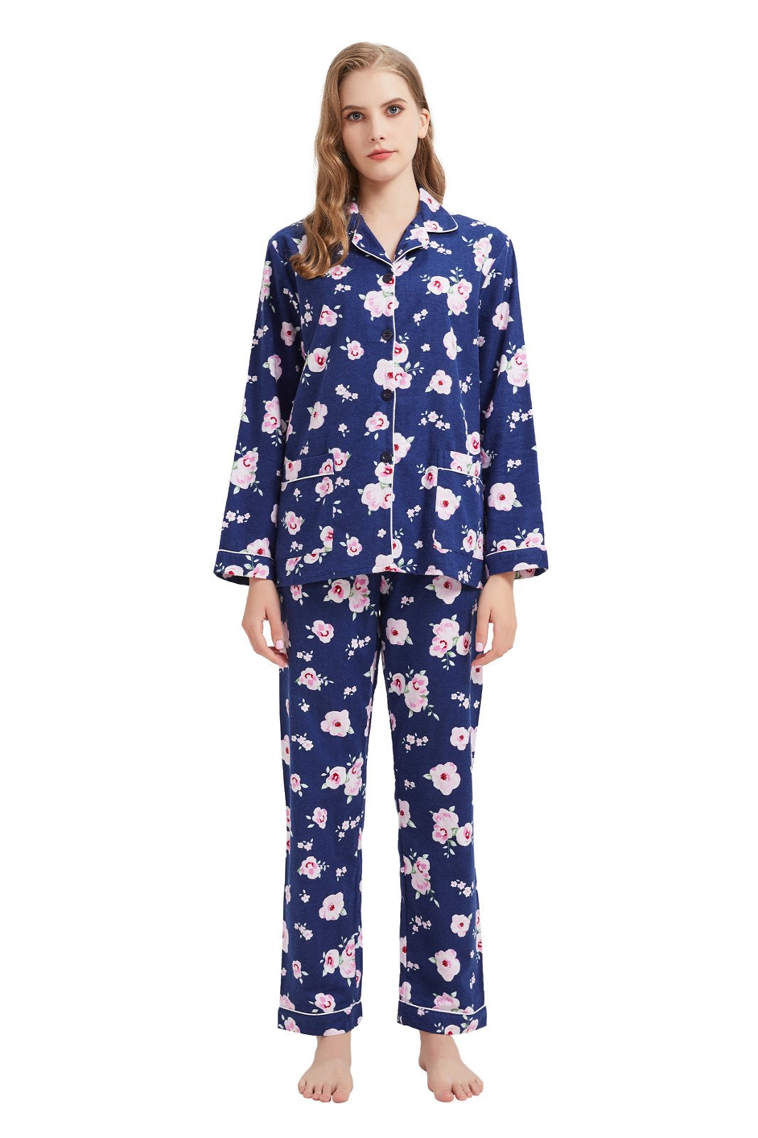 GLOBAL Womens Flannel Cotton Pajama Set Long PJs Flannel Loungewear Sleepwear,Size S-3XL