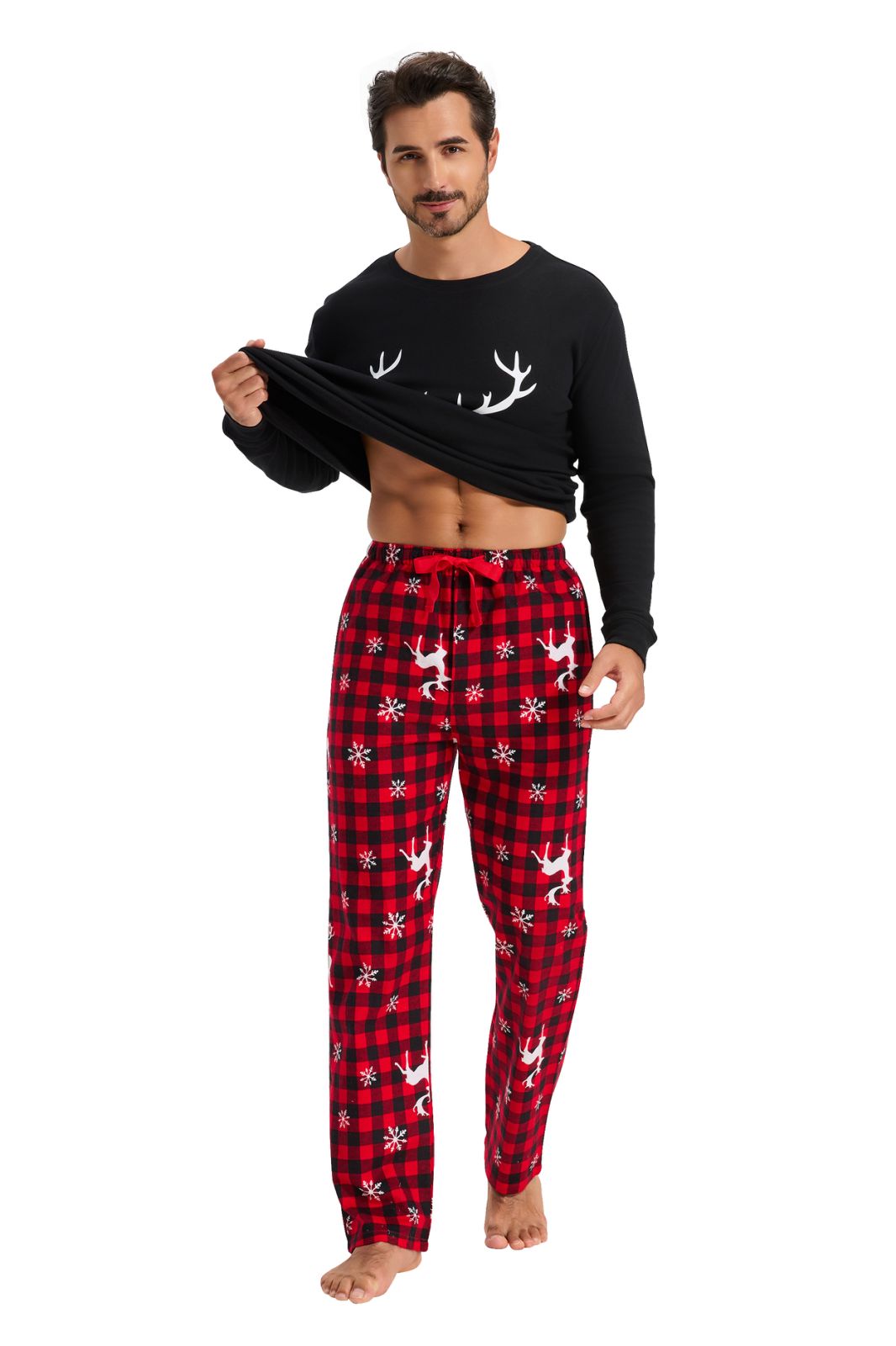 GLOBAL Men's Cotton Knit Top Flannel Pants Sleepwear Matching Pajamas for Couple Pjs for Family, Size S-3XL