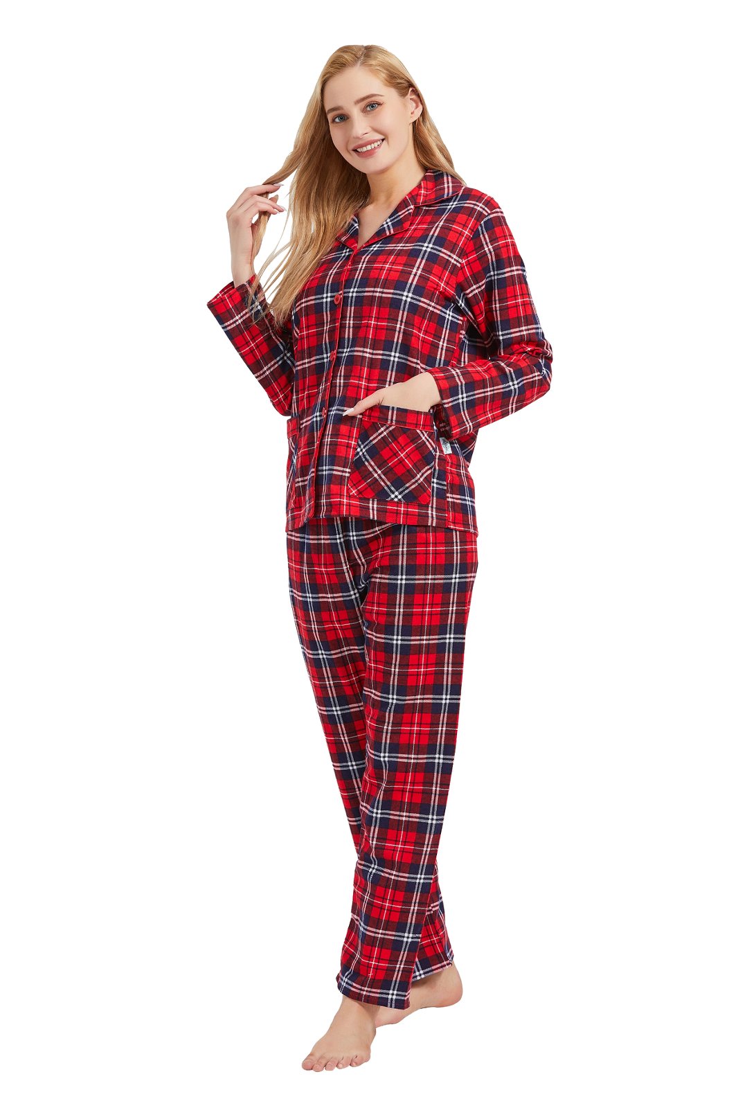 GLOBAL Womens Cotton Flannel Pajama Set - Cozy Winter 2-Piece Loungewear with Button-Down Top & Pants