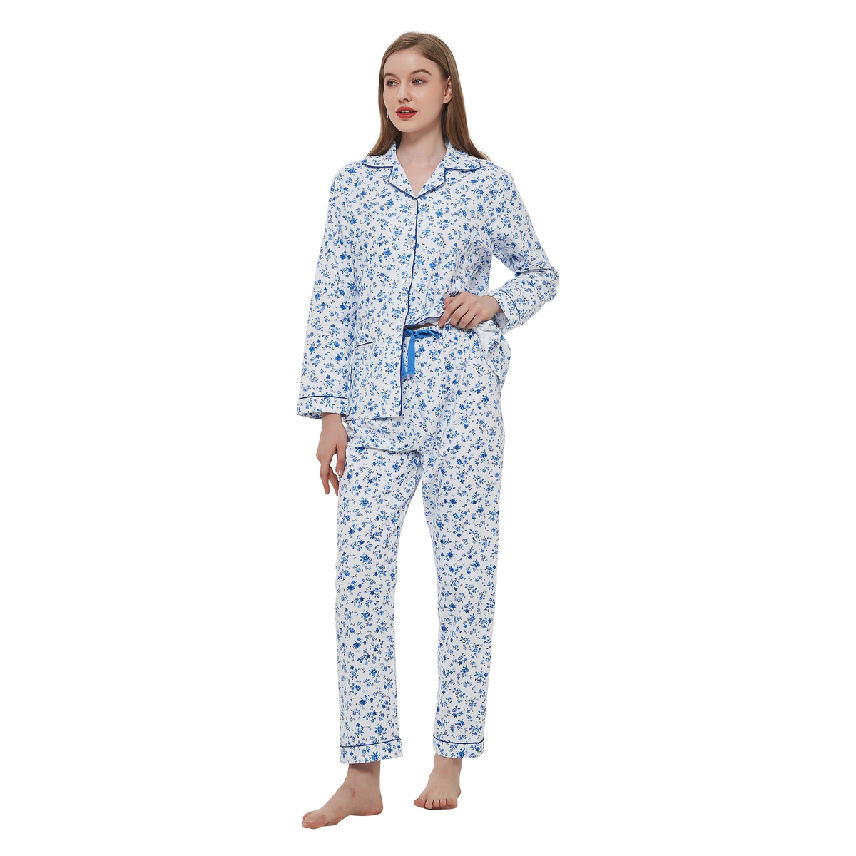 GLOBAL Womens Cotton Flannel Pajama Set - Cozy Winter 2-Piece Loungewear with Button-Down Top & Pants