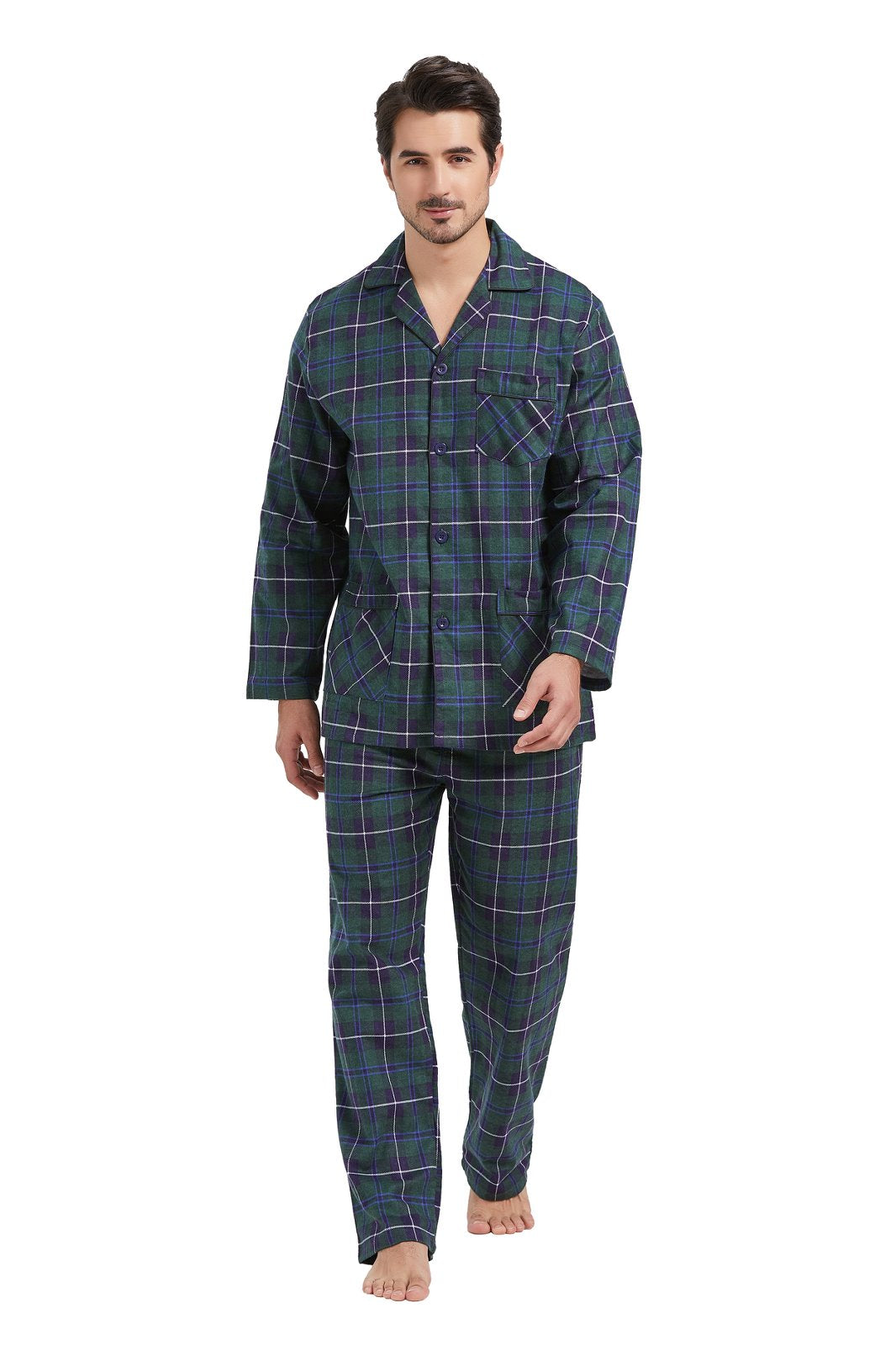 Amaxer Mens Cotton Flannel Pajama Set, Long Sleeve Button‑Down Top & Elastic Waist Long Pants, Breathable Sleep Loungewear, Size S
