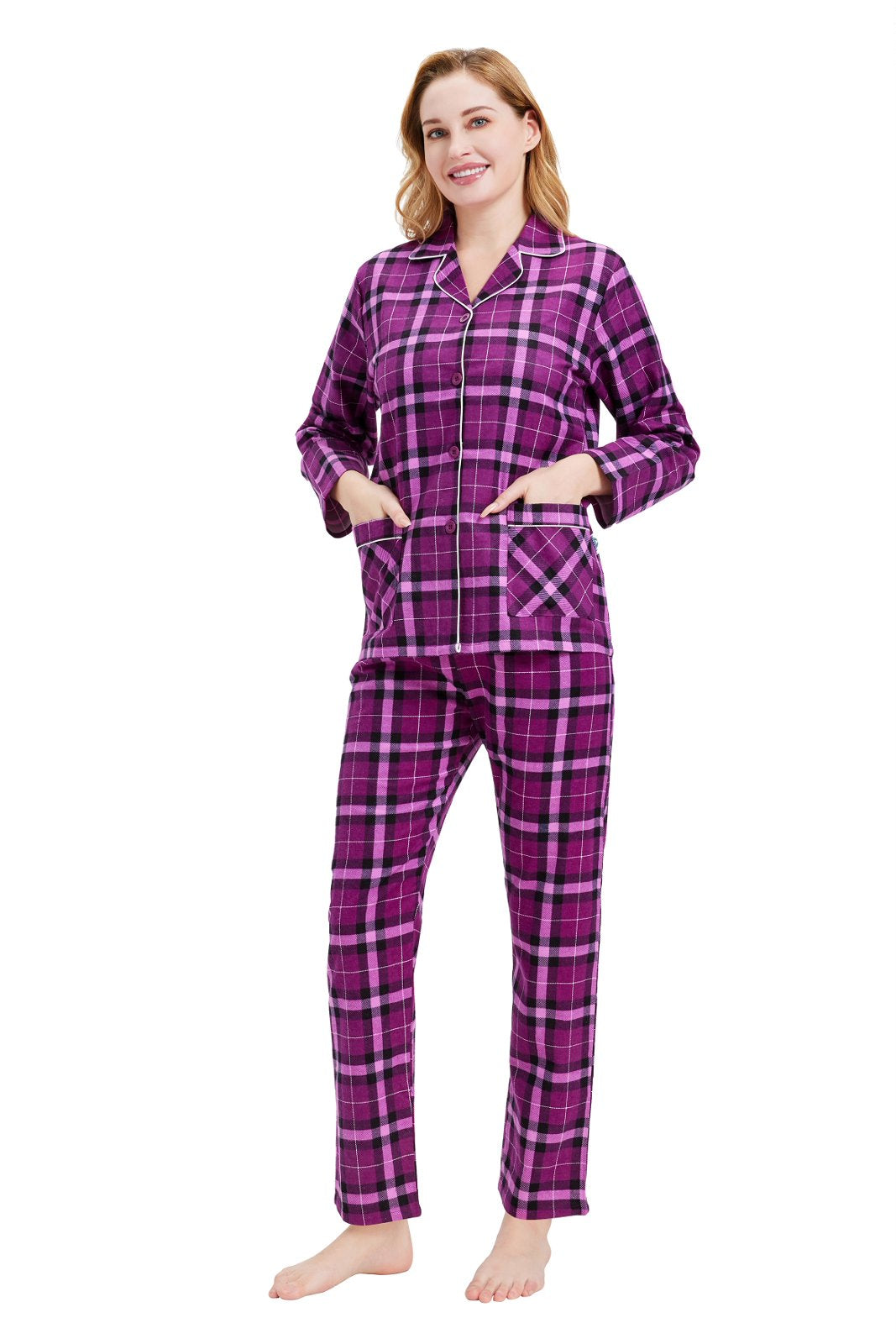 GLOBAL Women’s Flannel Pajama Set 100% Cotton Comfy PJs for Women Long Sleeve Button Front 2-Piece Warm and Cozy Sleepwear