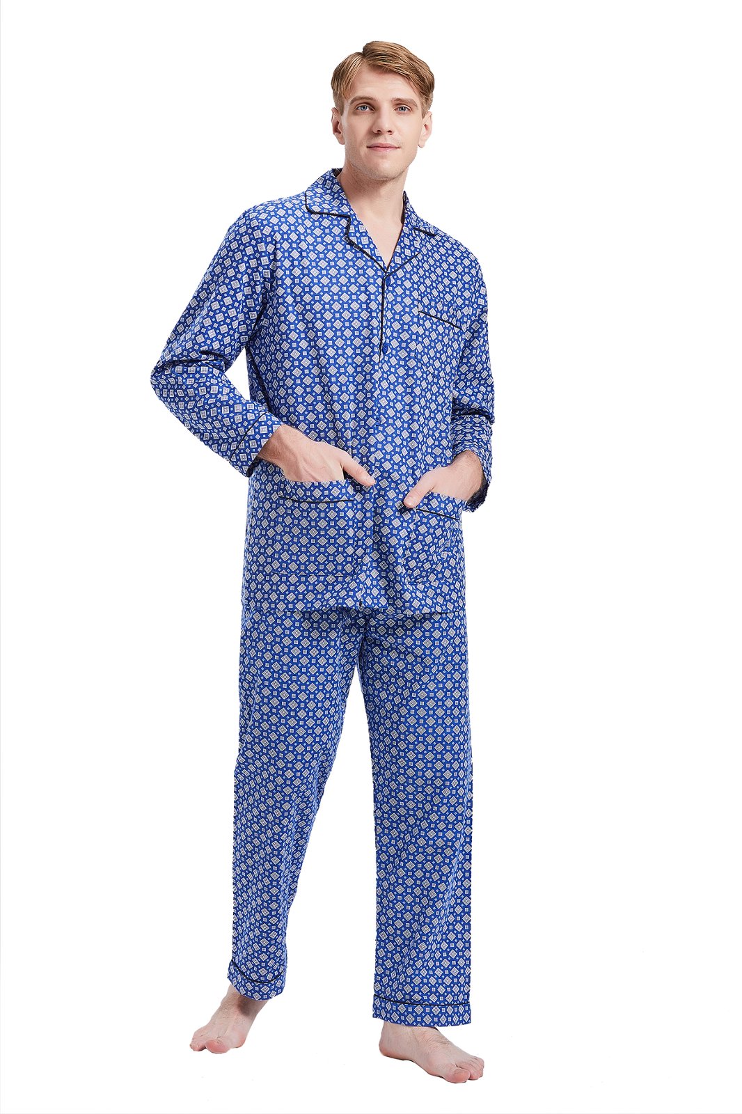 GLOBAL Men's Pajamas Sets 100% Cotton Flannel Sleepwear Long-Sleeve Top & Bottom