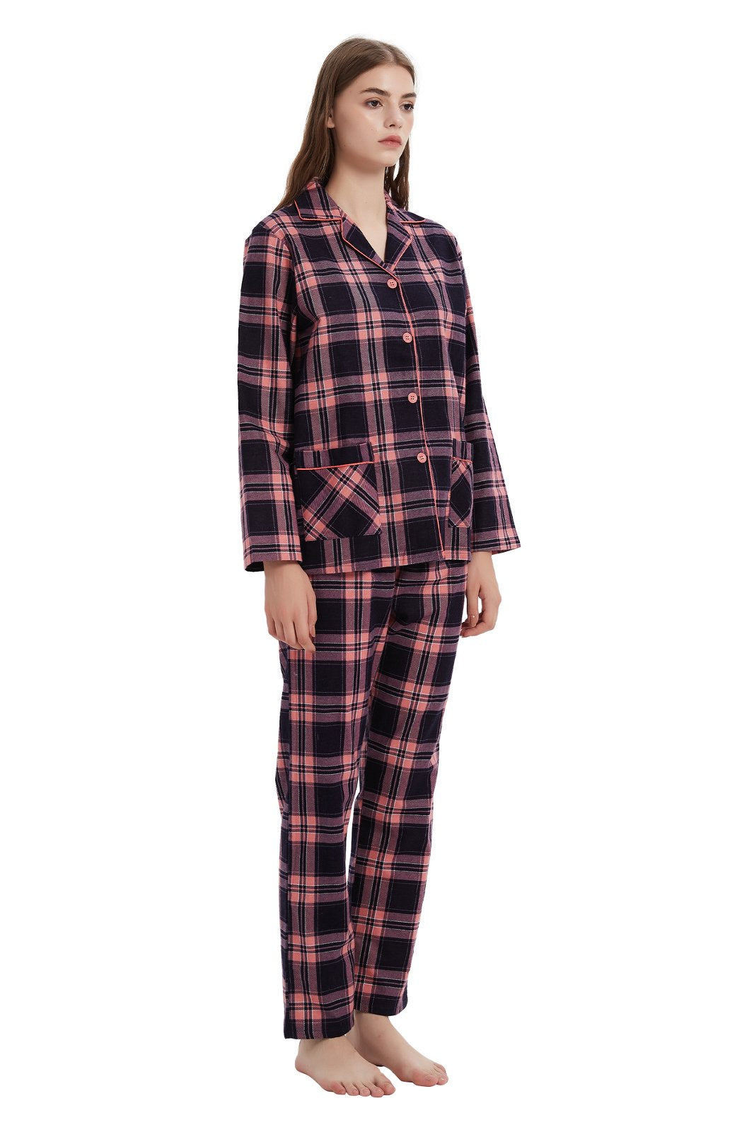 GLOBAL Womens Flannel Cotton Pajama Set Long PJs Flannel Loungewear Sleepwear,Size S-3XL
