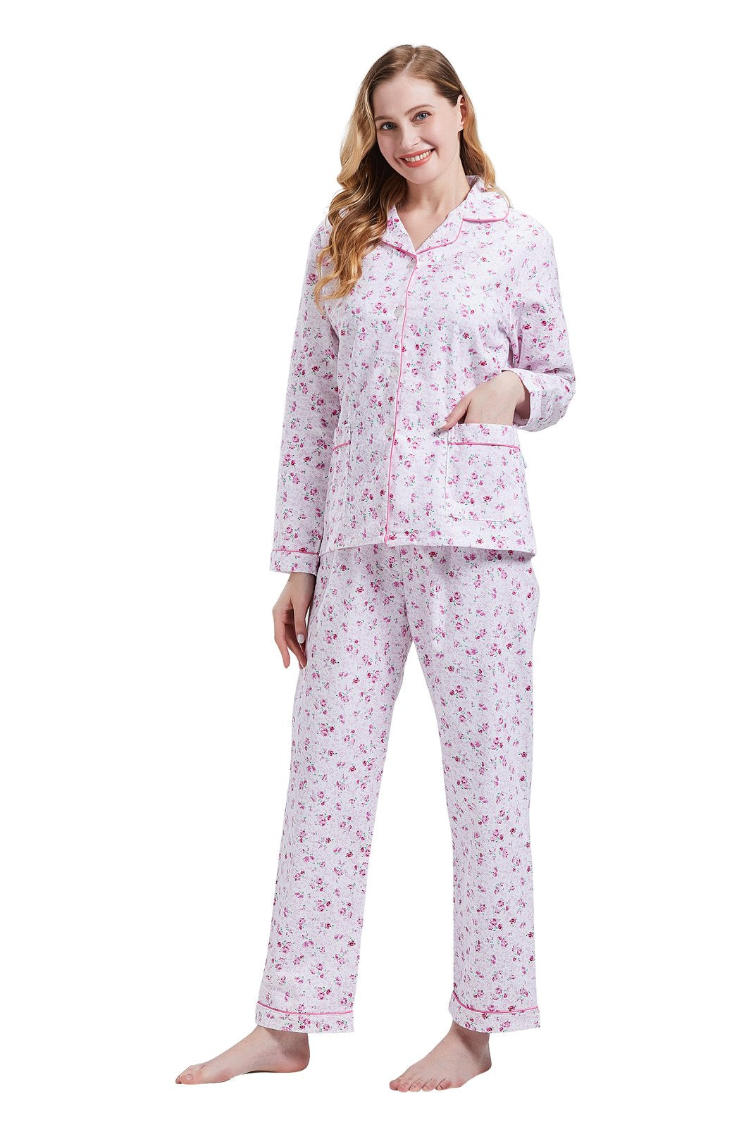 GLOBAL Womens Cotton Flannel Pajama Set - Cozy Winter 2-Piece Loungewear with Button-Down Top & Pants, Size S-3XL