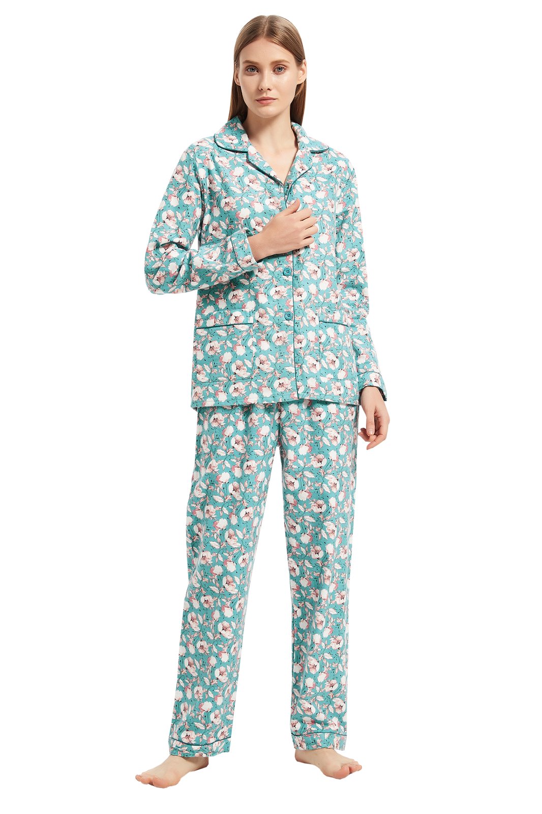 GLOBAL Womens Flannel Cotton Pajama Set Long PJs Flannel Loungewear Sleepwear
