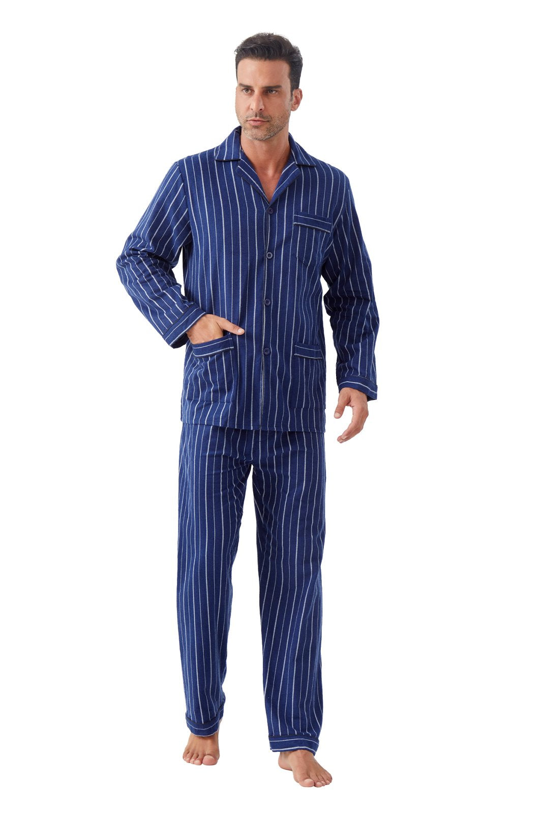 GLOBAL Men's Cotton Flannel Pajama Set, Long Sleeve Button‑Down Top & Long Pants Sleepwear, Soft Warm Loungewear, S-3XL
