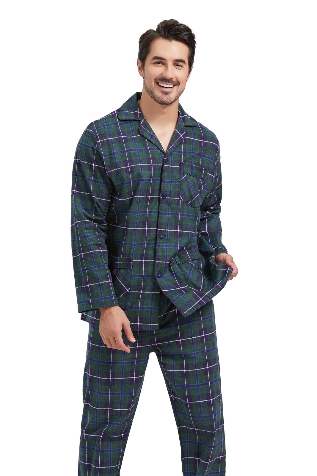 Amaxer Mens Cotton Flannel Pajama Set, Long Sleeve Button‑Down Top & Elastic Waist Long Pants, Breathable Sleep Loungewear, Size S
