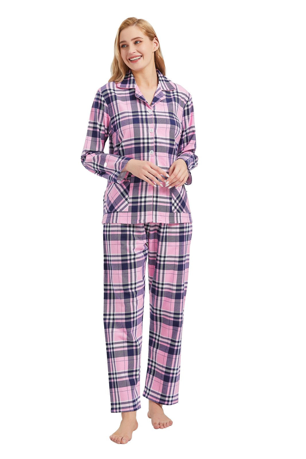 GLOBAL Women’s Flannel Pajama Set 100% Cotton Comfy PJs for Women Long Sleeve Button Front 2-Piece Warm and Cozy Sleepwear