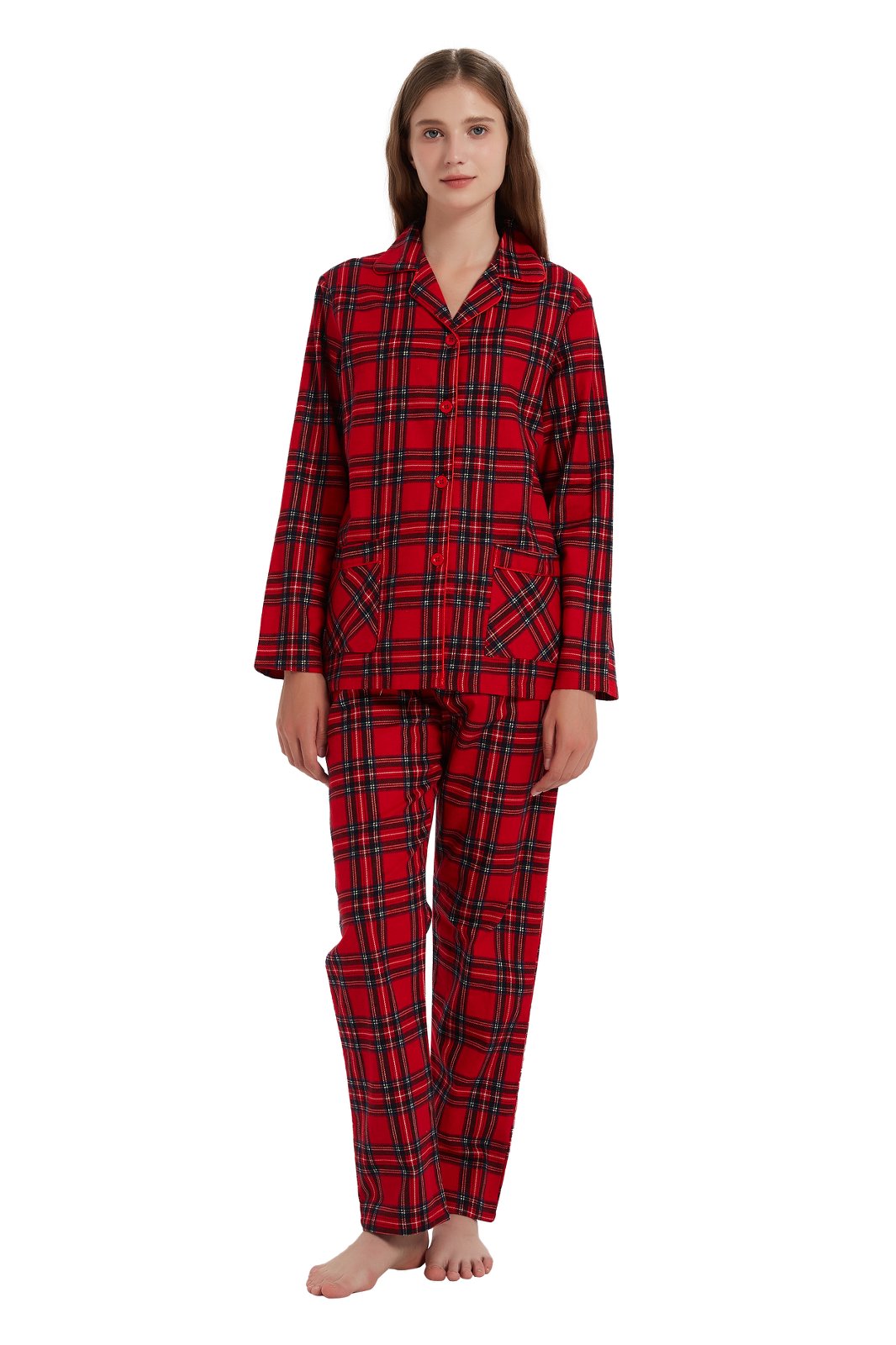 Amaxer Womens 100% Cotton Cozy Flannel Pajama Set - Long Sleeve Button-Up Top with Elastic Waist Pants, Warm & Soft Sleepwear