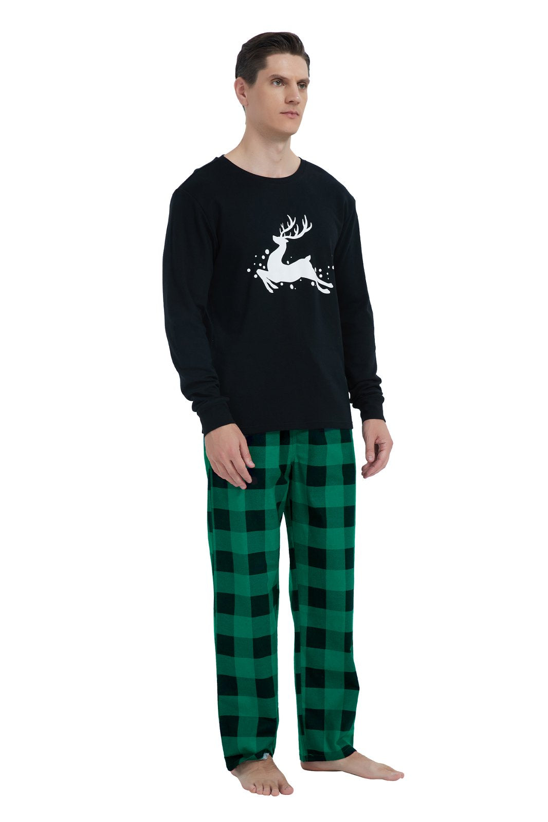GLOBAL Men's Cotton Knit Top Flannel Pants Sleepwear Matching Pajamas for Couple Pjs for Family, Size S-3XL