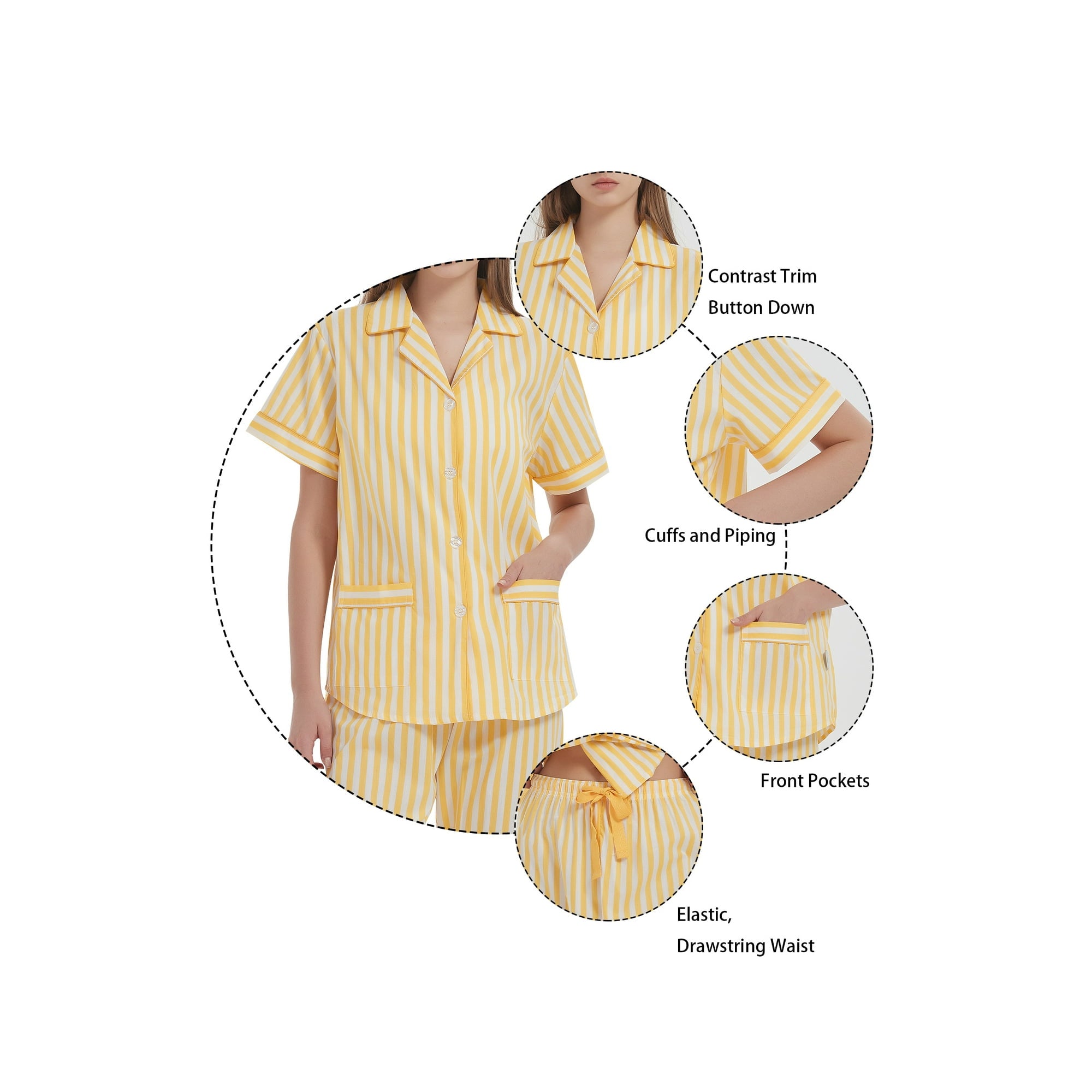 GLOBAL Women 100% Cotton Button Down Short Sleeve Top & Long Pants Summer Pajama Set with Pockets, 2-Piece, Sizes S to 3XL
