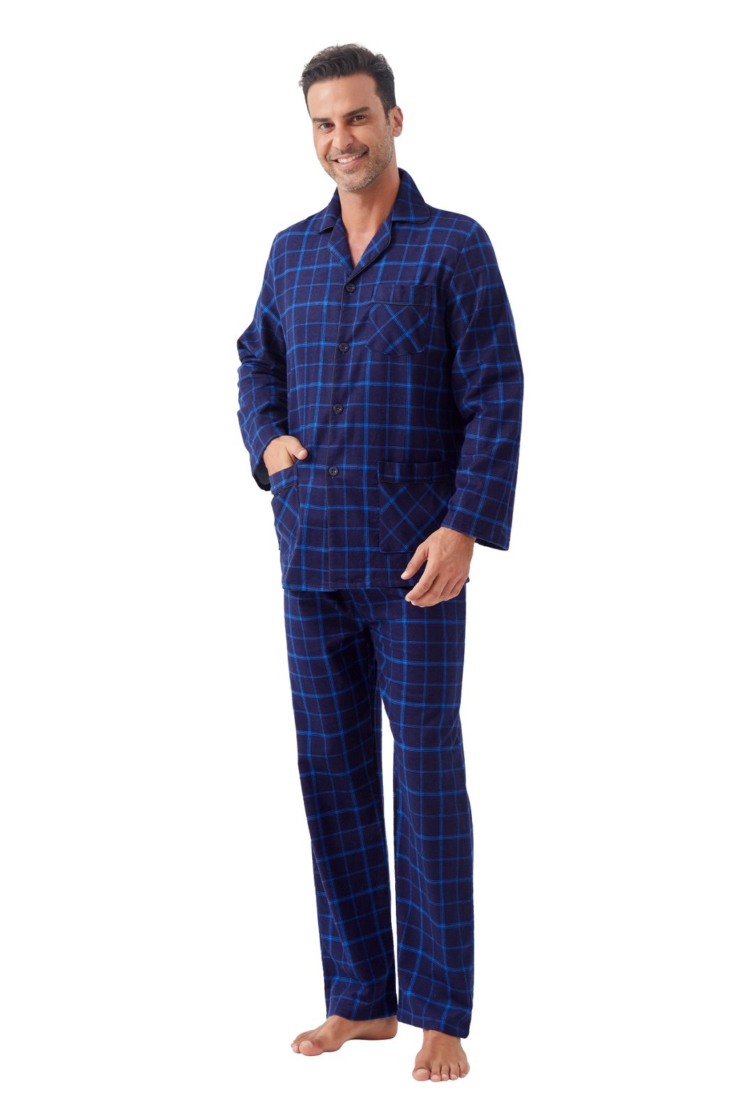 GLOBAL Men's Cotton Flannel Pajama Set, Long Sleeve Button‑Down Top & Long Pants Sleepwear, Soft Warm Loungewear, S-3XL