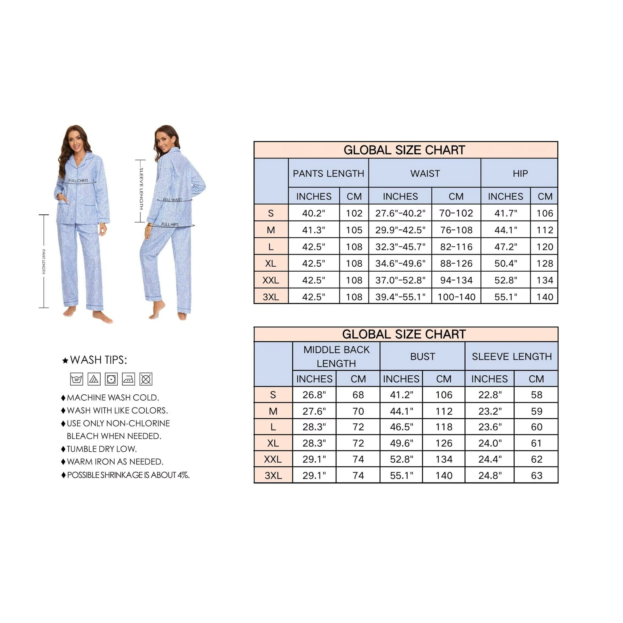GLOBAL Womens Flannel Cotton Pajama Set Long PJs Flannel Loungewear Sleepwear,Size S-3XL