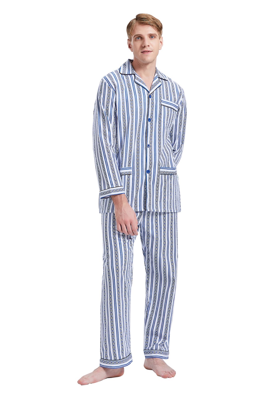 GLOBAL Mens Pajamas Sets Cotton Flannel Sleepwear Long-Sleeve Top & Bottom, S-XXL
