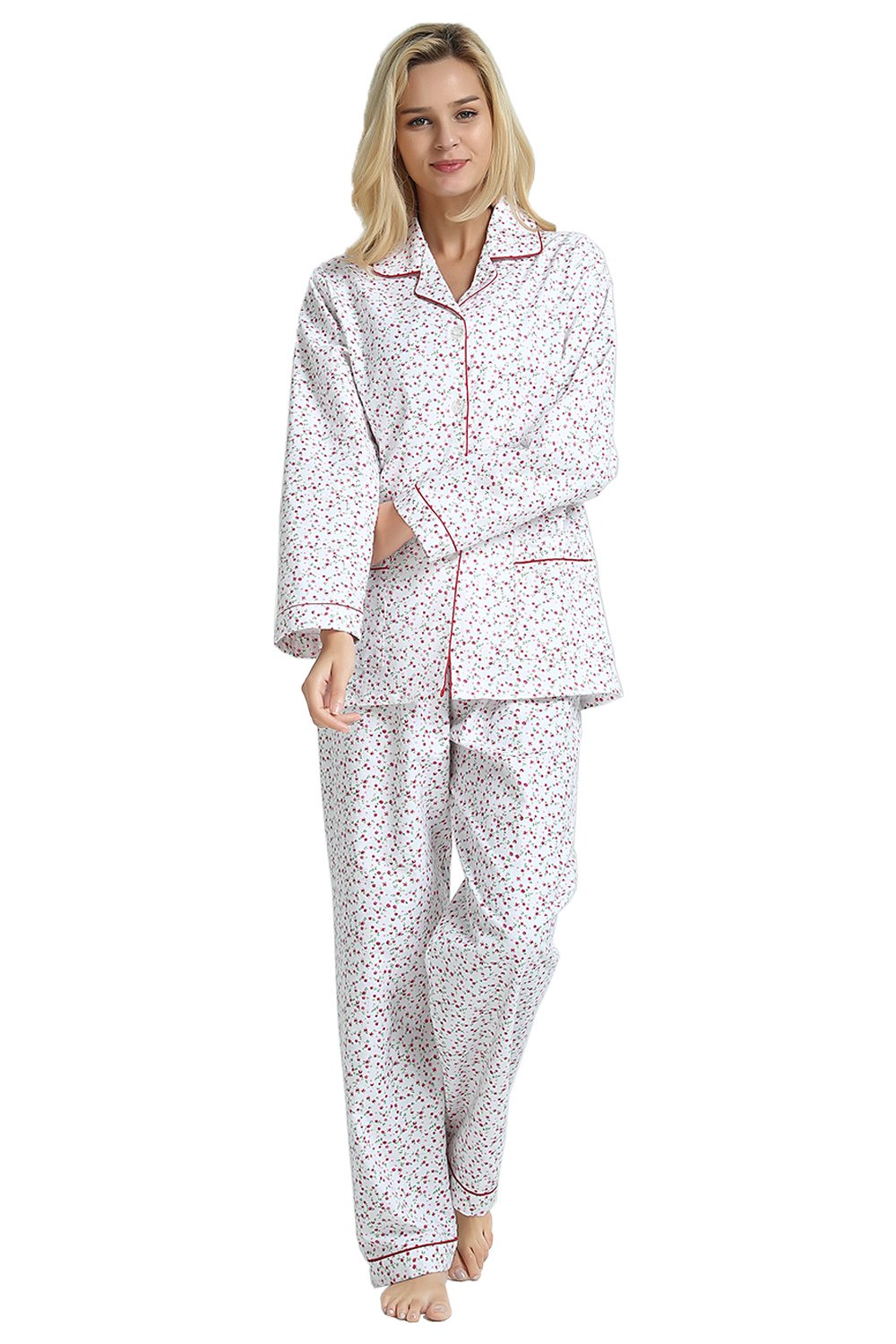 GLOBAL Womens Flannel Cotton Pajama Set Long PJs Cozy Winter Flannel Loungewear Sleepwear