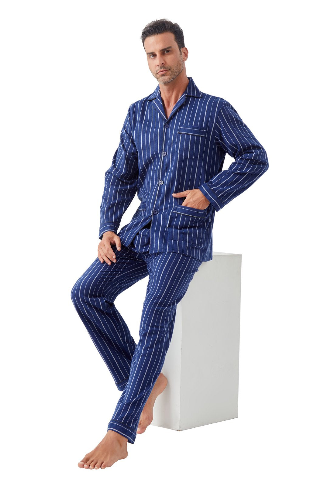 GLOBAL Men's Cotton Flannel Pajama Set, Long Sleeve Button‑Down Top & Long Pants Sleepwear, Soft Warm Loungewear, S-3XL