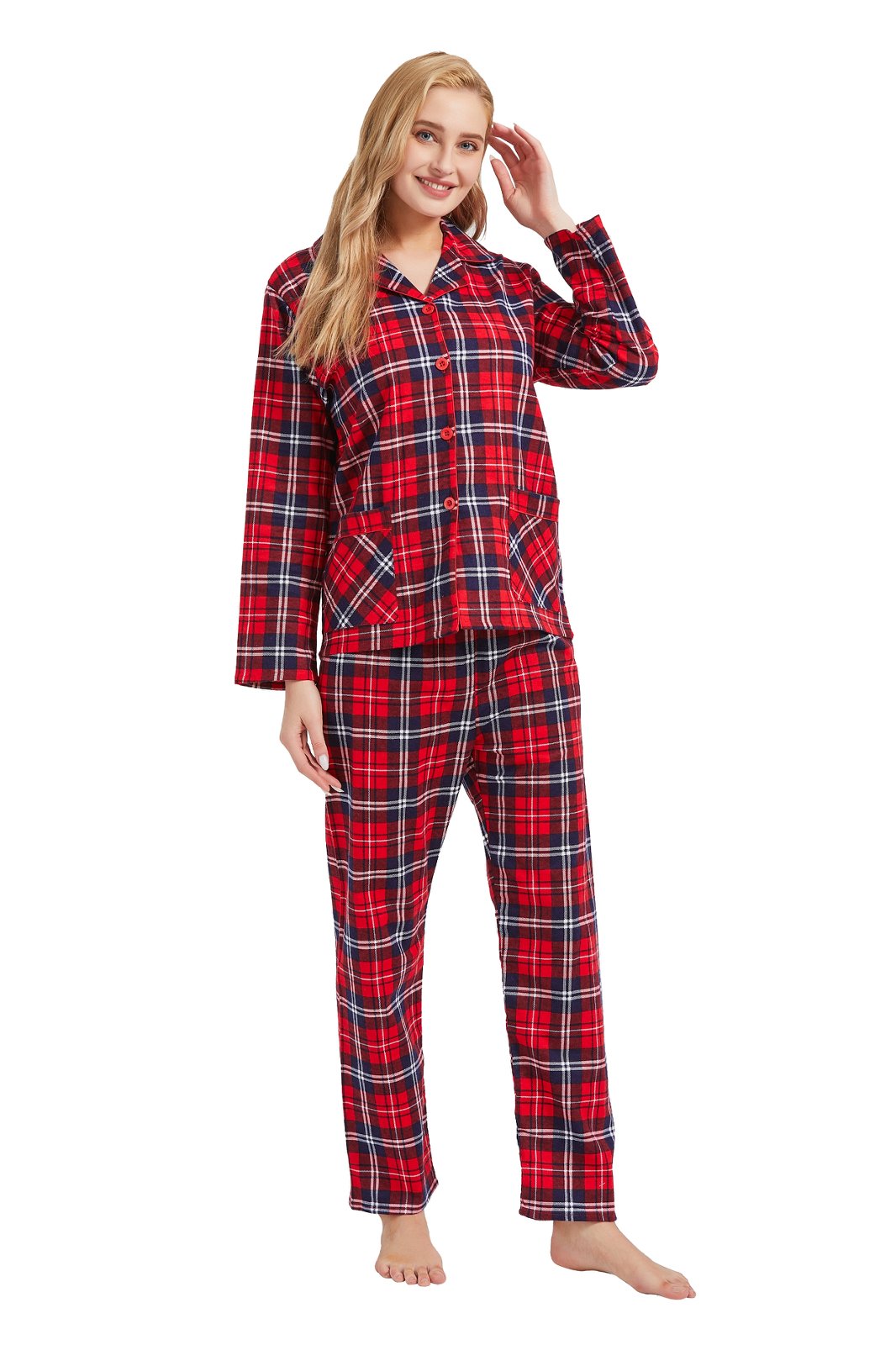 GLOBAL Womens Cotton Flannel Pajama Set - Cozy Winter 2-Piece Loungewear with Button-Down Top & Pants
