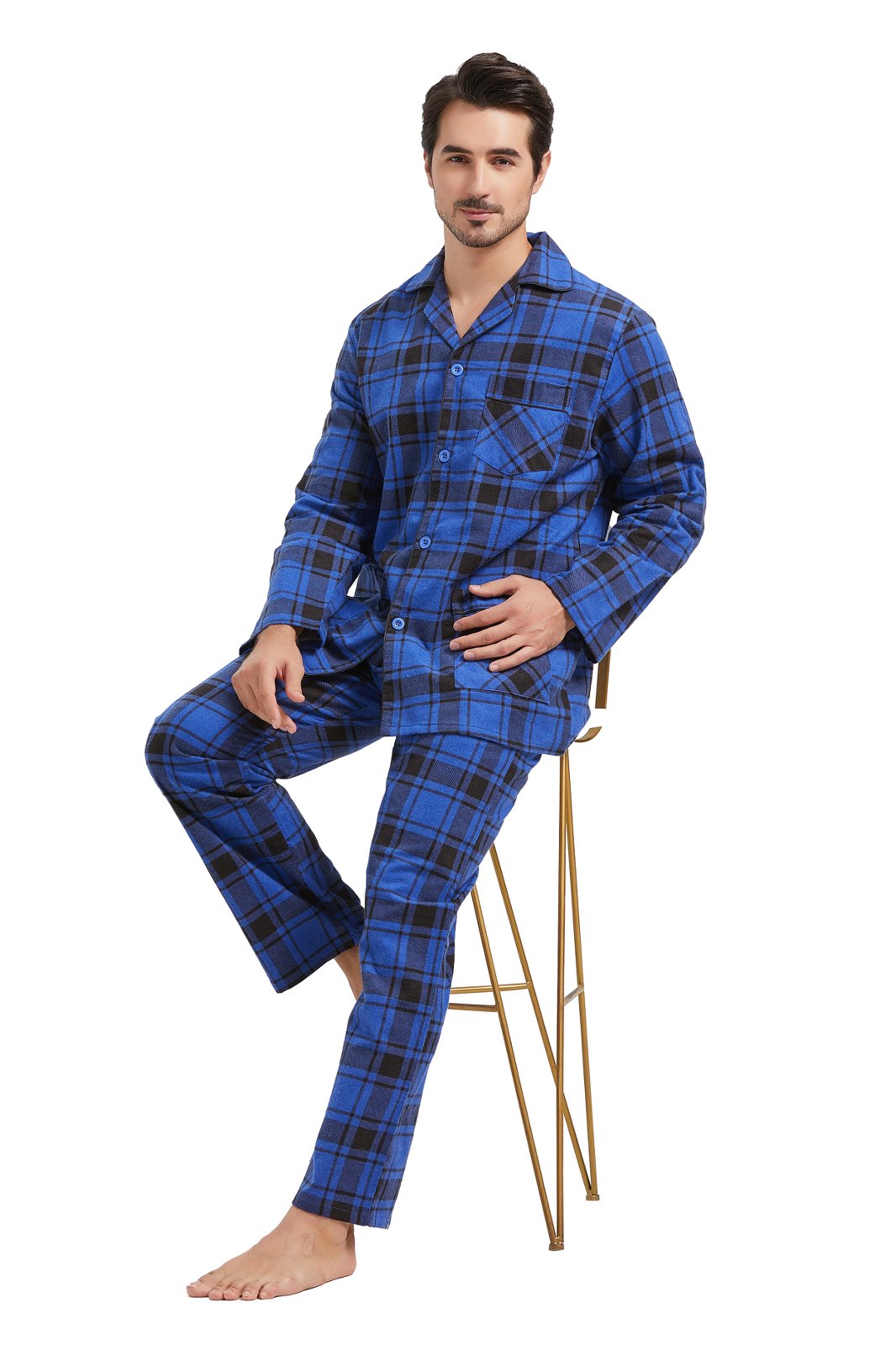 Amaxer Mens Cotton Flannel Pajama Set, Long Sleeve Button‑Down Top & Elastic Waist Long Pants, Breathable Sleep Loungewear, Size XXL