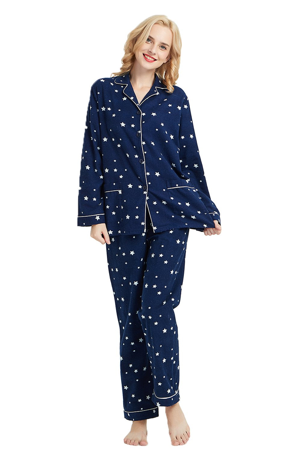 GLOBAL Womens Flannel Cotton Pajama Set Long PJs Flannel Loungewear Sleepwear