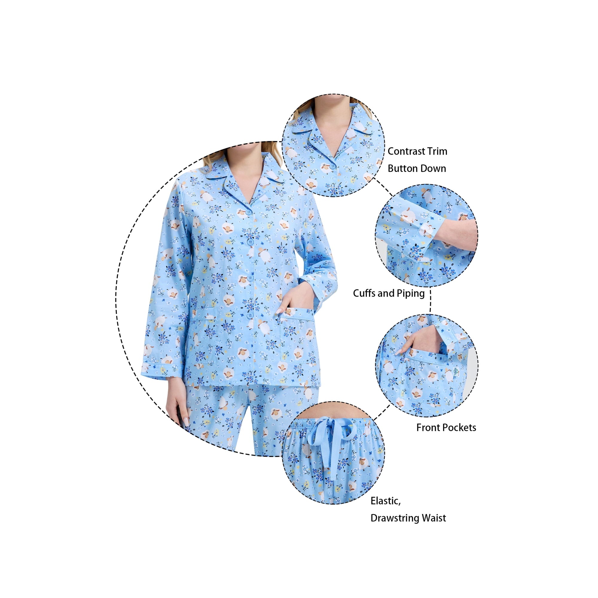 GLOBAL Womens 100% Cotton Notch Collar Pajama Set Homewear with Pockets, Spring & Summer, 2-Piece, Sizes S to 3X