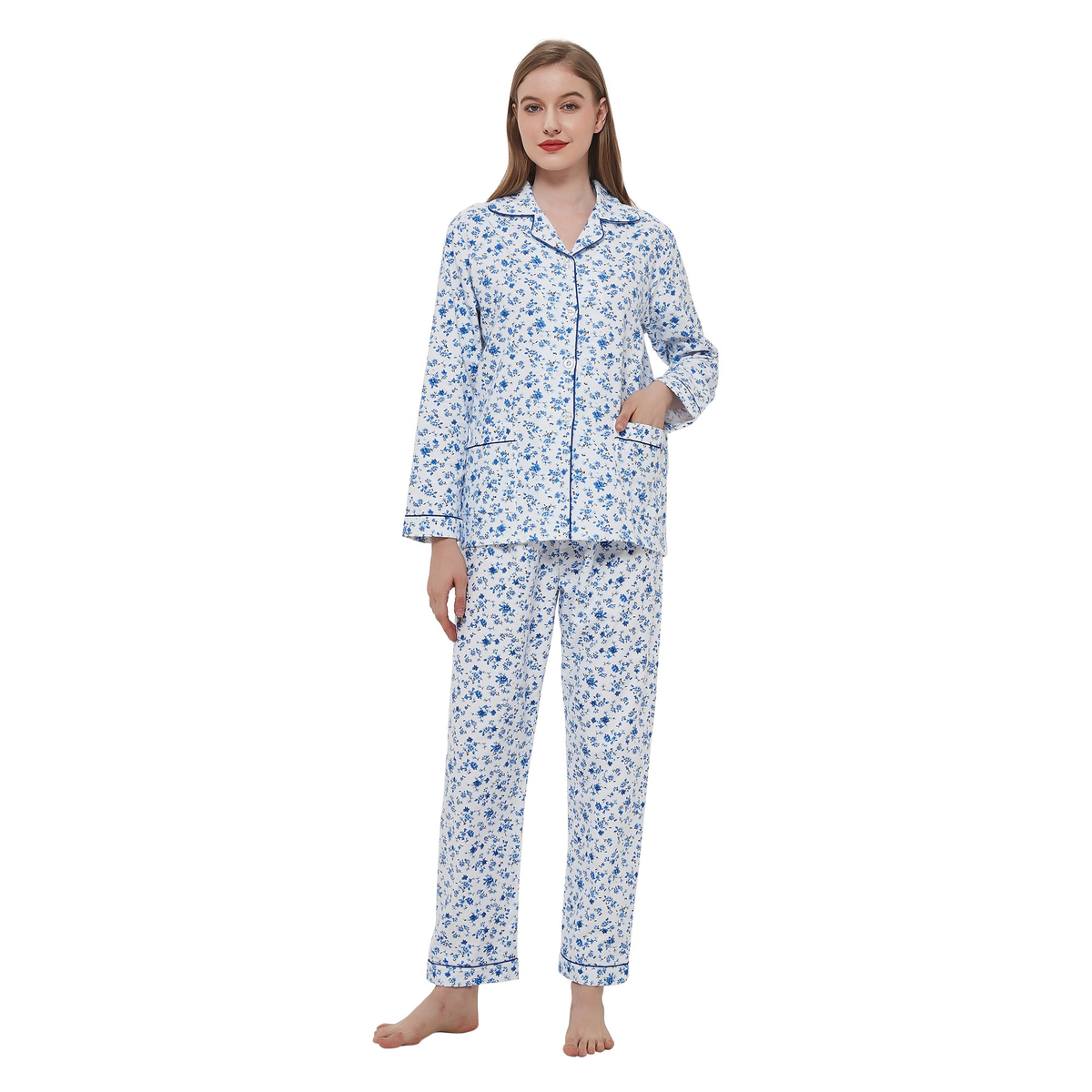 GLOBAL Womens Cotton Flannel Pajama Set - Cozy Winter 2-Piece Loungewear with Button-Down Top & Pants
