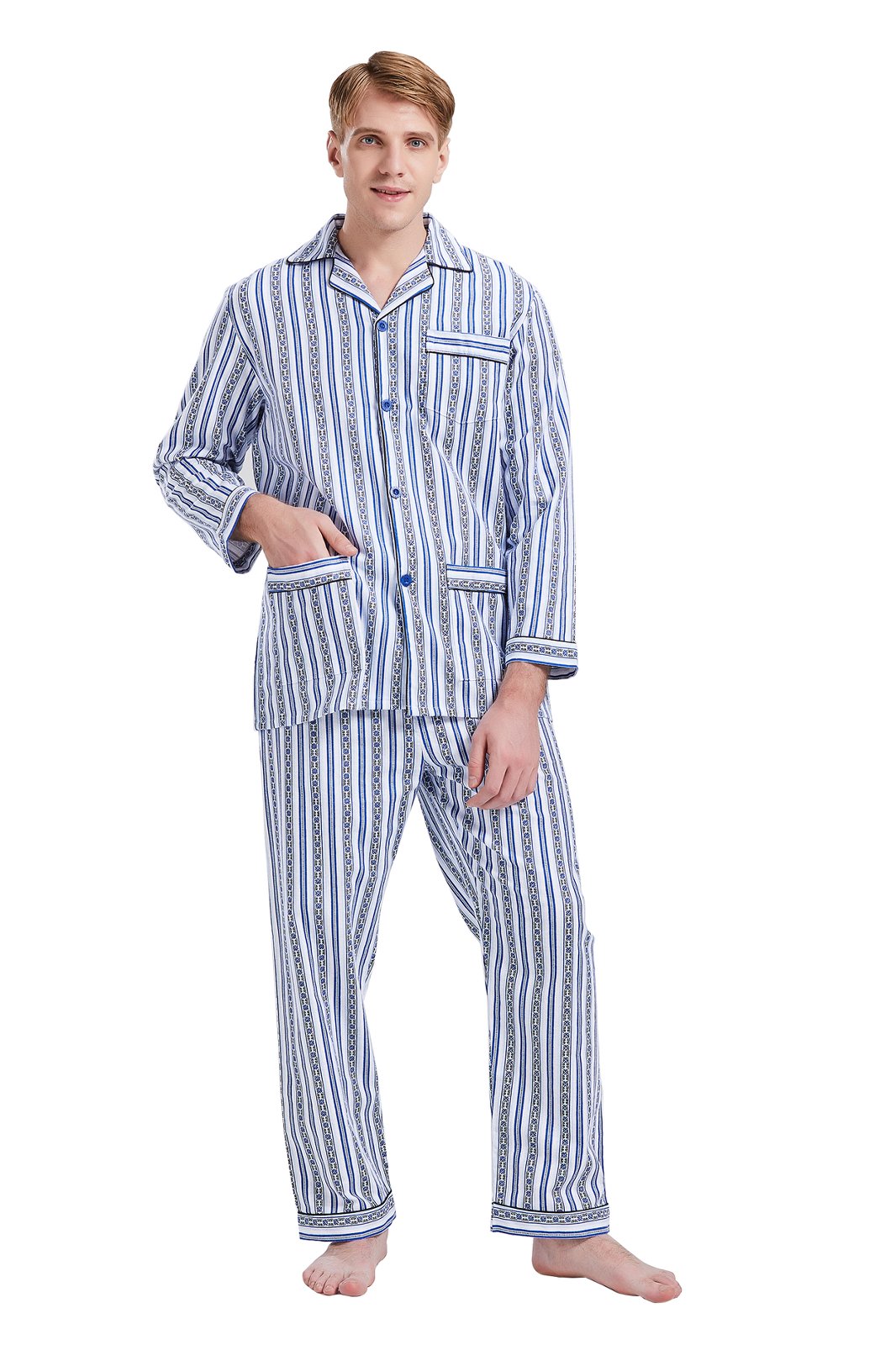GLOBAL Mens Pajamas Sets Cotton Flannel Sleepwear Long-Sleeve Top & Bottom, S-XXL