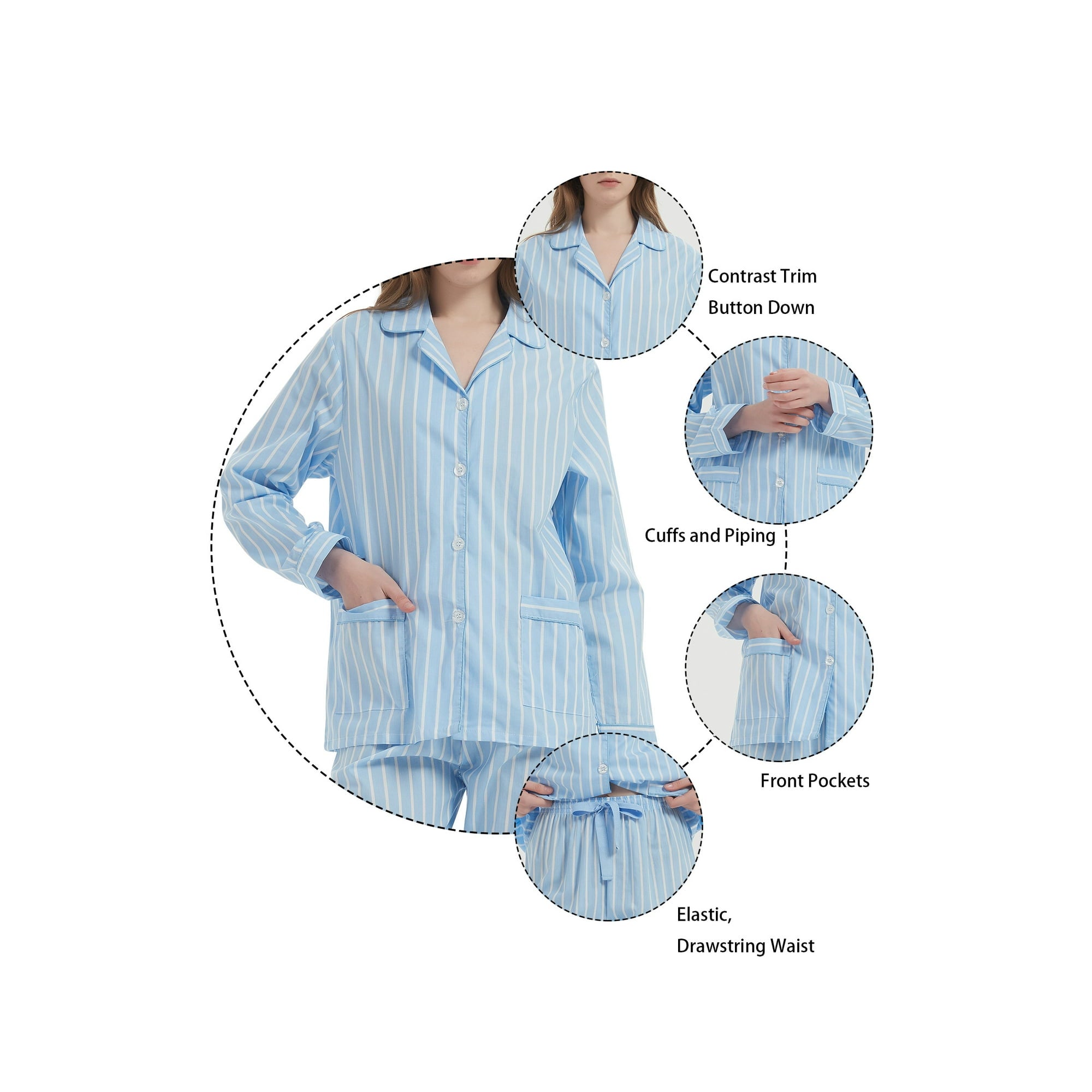 GLOBAL Womens 100% Cotton Notch Collar Pajama Set Homewear with Pockets, Spring & Summer, 2-Piece, Sizes S to 3X
