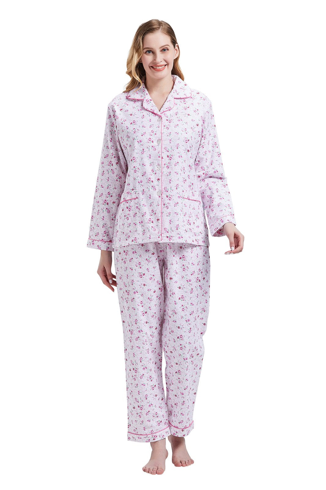 GLOBAL Womens Cotton Flannel Pajama Set - Cozy Winter 2-Piece Loungewear with Button-Down Top & Pants, Size S-3XL