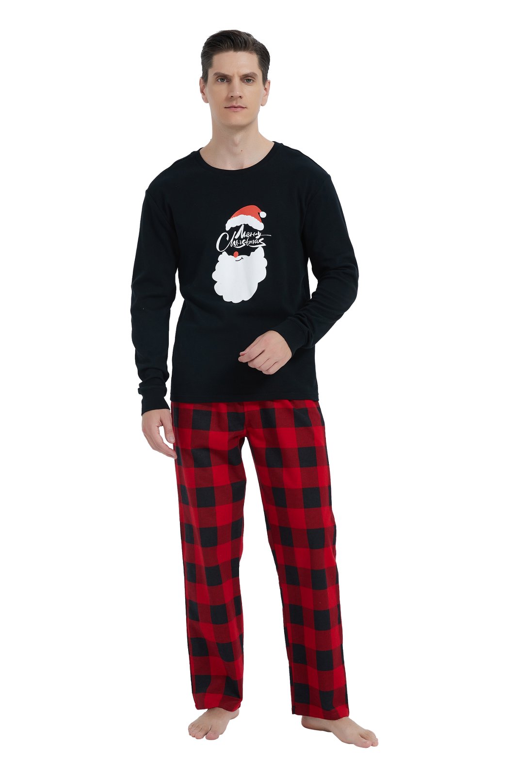 GLOBAL Men's Cotton Knit Top Flannel Pants Sleepwear Matching Pajamas for Couple Pjs for Family, Size S-3XL